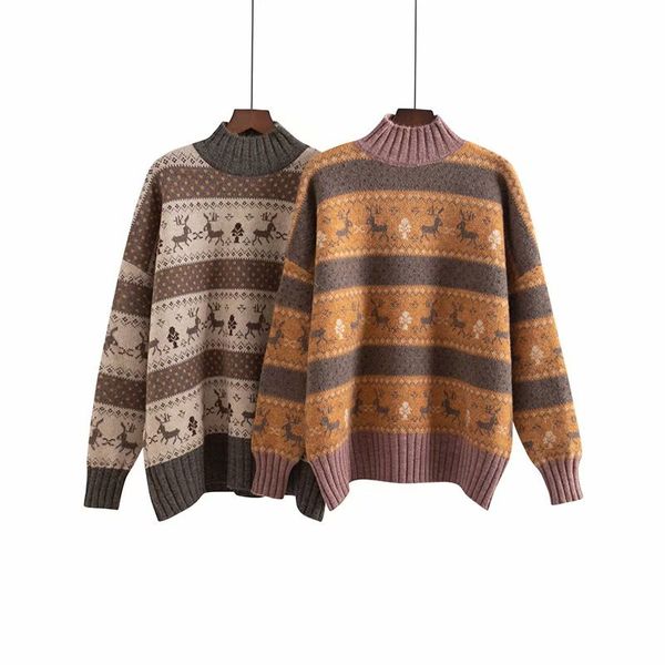 

lazy wind turtleneck elk striped sweater female cartoon image long-sleeved loose stitching contrast color knitted sweater women, White;black