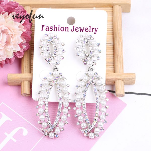 

veyofun hollow out pearl rhinestone dangle earrings for women vintage drop earrings fashion jewelry gift, Silver