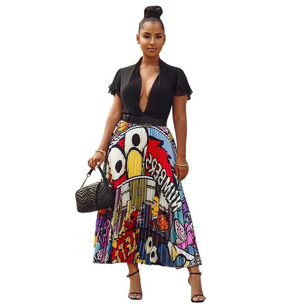 

2019 new women printing vintage cartoon high waist mid-calf length pleated skirts active wear casual skirt 3 color, Red