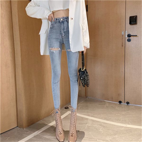 

женские случайные джинсы ноги 2019 новый тонкий моды отверстие высокой талии джинсы, Blue