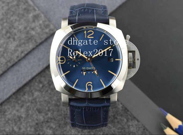 

men's gmt 10 days blue leather strap movement power savings counterclockwise manual winding movement diving fashion watches, Slivery;brown