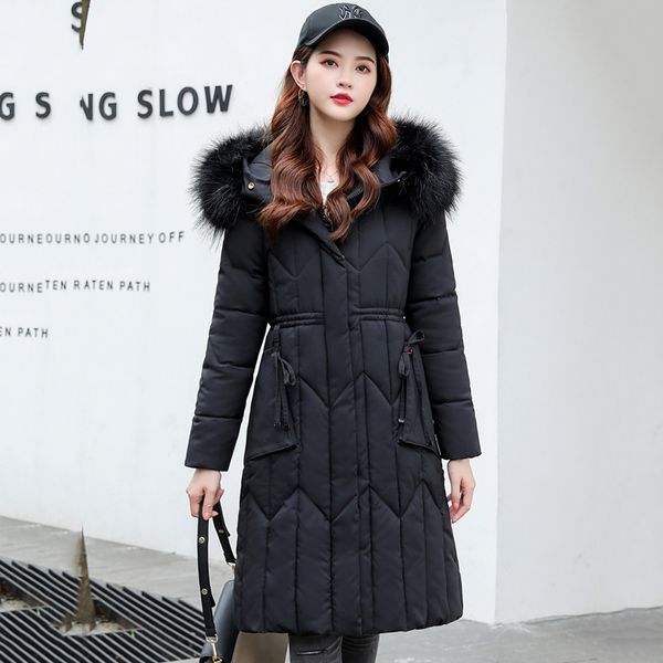 

2019 winter jacket women slim cotton padded outwear female coat long hooded faux fur ladies parka mujer invierno, Tan;black