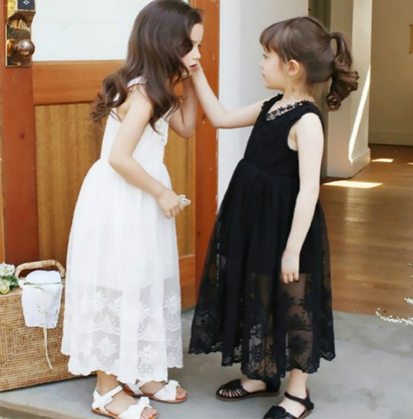 

fashion girls lace dresses girl sdesigner princess dress fashion sleeveless embroidery long dress child summer solid color quality, Red;yellow