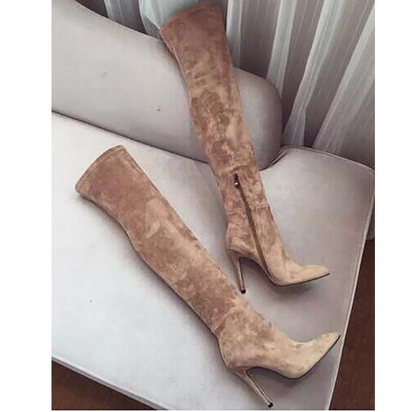 

suede thigh high boots pointed toe thin high heel zipper up solid manufacturer shoes over the knee large size 43 long boot, Black