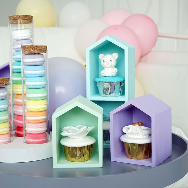 

layers wood house ornament for cupcake/push cake dessert table nordic fores wedding props tools wood cake stand coffee