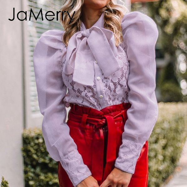 

jamerry casual bow tie lace women blouse shirt bubble sleeve hollow out flower female blouse stripe splicing ladies, White