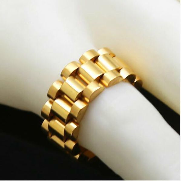 Klassische Luxus 24K Gold Überzogene Männer Armband Ringe Edelstahl Golden Link Ring Hip Hop Herren Stil Männer Ring uhren Band Ring