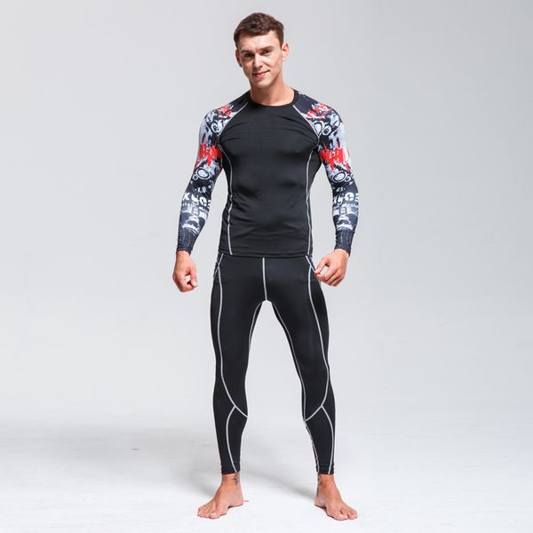 

new men's running suit comprehensive training breathable dry tights fitness sport suit rashgard male jogging suits 4xl, Black;blue