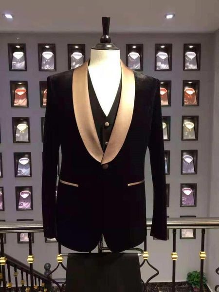 

black velvet men suits 3 pcs one button groomsmen golden shawl lapel tuxedos men suits prom man blazer jacket+pant+vest, White;black