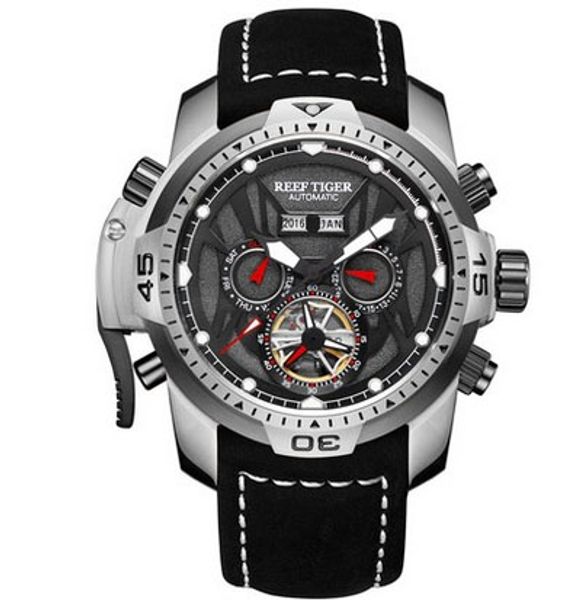 

new multi-function mens leather strap automatic watch, Slivery;brown