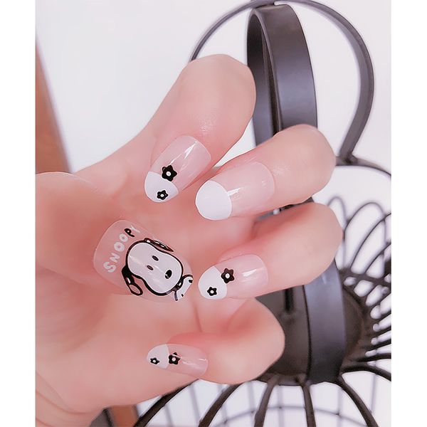

women simple fashion fake nail full cover short size nail art tips with glue girls animals dog cute cartoon printing false nails, Red;gold