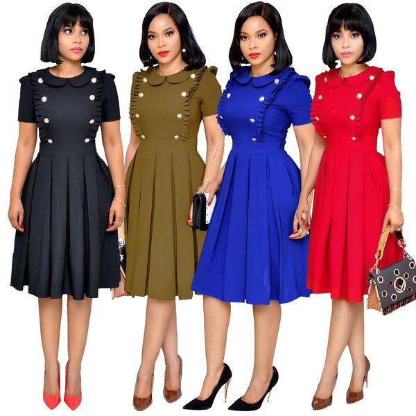 

casual dresses women's european and american fashion ruffle collar pleated ol style short sleeve dress pleated skirt, Black;gray