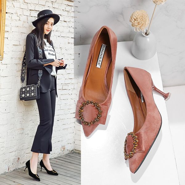 

velvet bowknot shoes glass high heels pumps women shine circle buckle rhinestone shoes ladies high heels single femme2020, Black