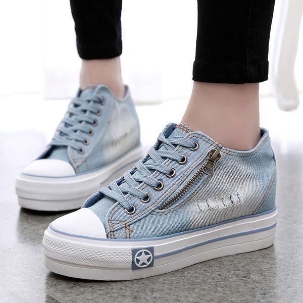

2018 summer canvas woman thick bottom denim flat shoescasual women shoes height increase shoes, Black;white