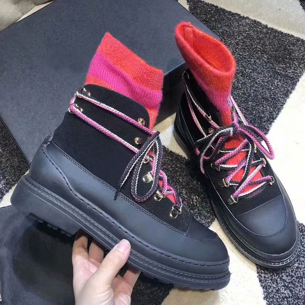 

fall / winter 19 new british short boots women's classic wool knitted wool low heel ankle boots lace up boots, Black