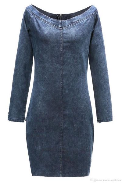 

jean dress slash neck long sleeved designer zipper bodycon dresses women denim blue, Black;gray
