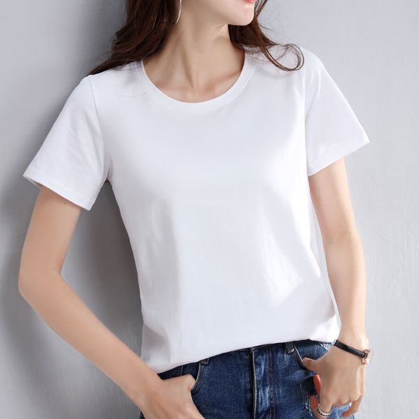 

white short-sleeved female round collar loose solid color pure cotton 2019 summer student black t-shirt t-shirt half-sleeve