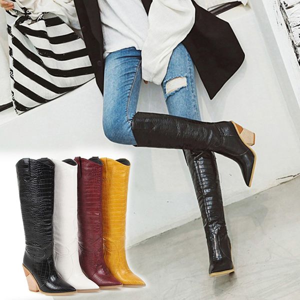 

new arrival women cowboy pointed toe knee high pull on riding boots trendy for club party, Black