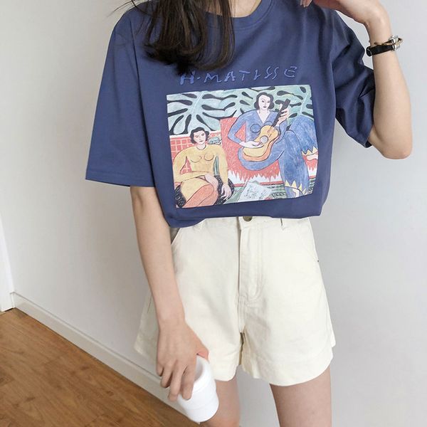 

septhydrogen brand vintage print o neck short sleeve woman cotton t-shirt fashion 2019 casual loose girls summer cotton tees pullovers, White
