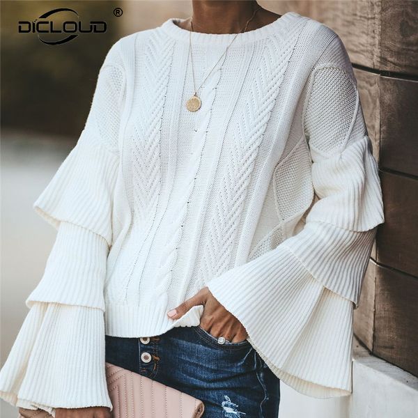 

уличная мода женщины белый свитера luxury design layers flare рукавом пуловер перемычка femme толстые теплые зимние свитера вязаные изделия, Black;gray