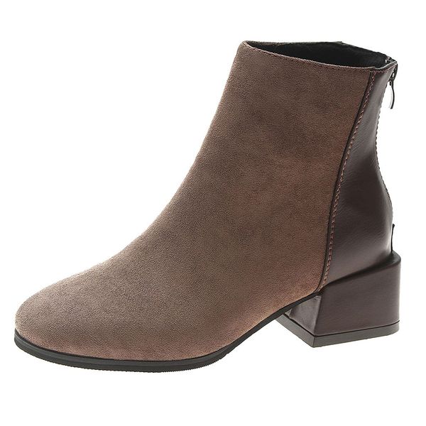 

new women's shoes booties leisure solid round toe zipper footwear leather winter warm ankle square med heels boots women shoes, Black