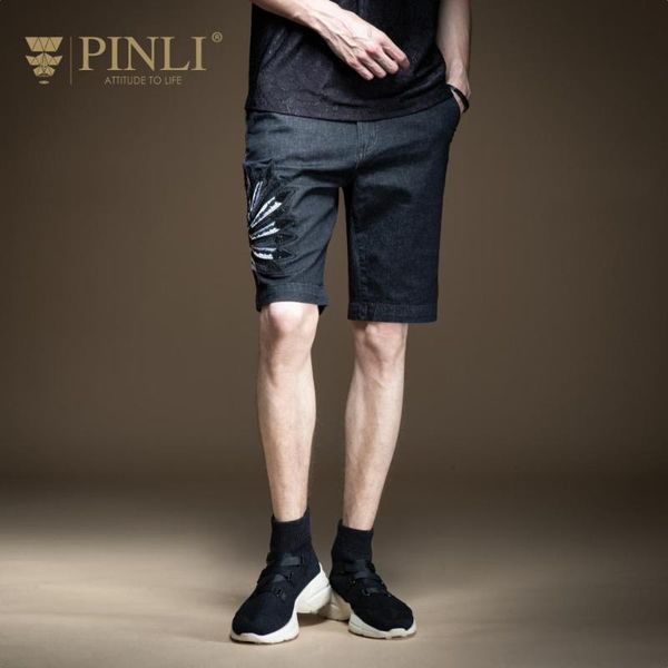 

pinli 2020 summer new mid fake zippers solid slim casual pencil pants men's denim shorts elastic youth applique pants b202116354, Blue