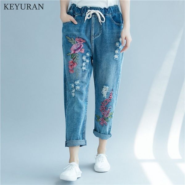 

2019 summer new female line sen hole floral embroidered denim pants flowers loose nine points jeans trousers women l3370, Blue