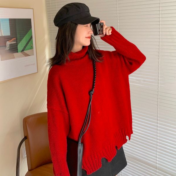 

winter turtleneck sweater women red long sleeve pillover sweater irregular hem design solid color lazy oaf casual jumpers, White;black