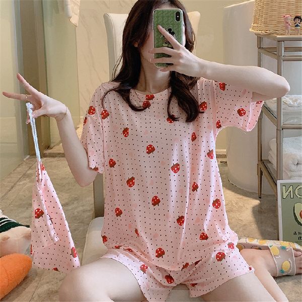 

summer student o-neck short-sleeved pink t-shirt pajamas ladies pajamas suit loose milk silk cartoon dot printing two-piece home, Black;red
