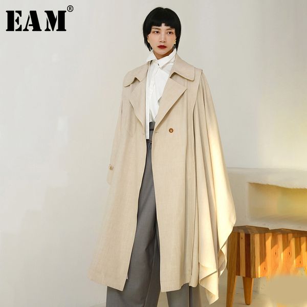 

eam] 2019 new autumn winter lapel long sleeve removable personality big size long windbreaker women trench fashion tide jr441, Tan;black