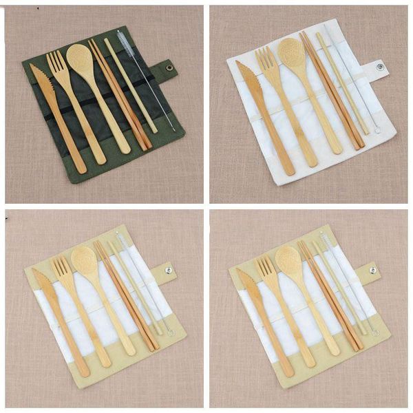 

portable bamboo cutlery set outdoor travel flatware set knife chopsticks fork spoon dinnerware sets for student tableware 7pcs/set lxl565-1
