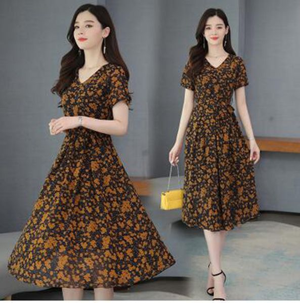 

wholesale women's summer new slim slim long-sleeved floral chiffon bohemian dress, Black;gray