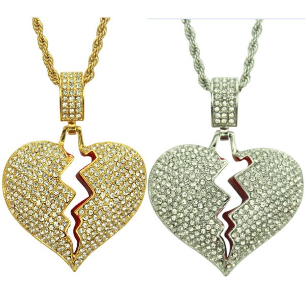 

new iced broken love heart pendant necklaces men bling crystal rhinestone love charm twisted chain for women hip hop jewelry gifts hh9-2266, Blue