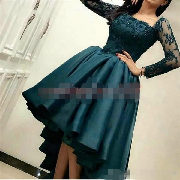 

2020 high low prom dresses square neck long illusion sleeves beaded sequins lace applique satin evening gowns celebrity party formal wear, Black