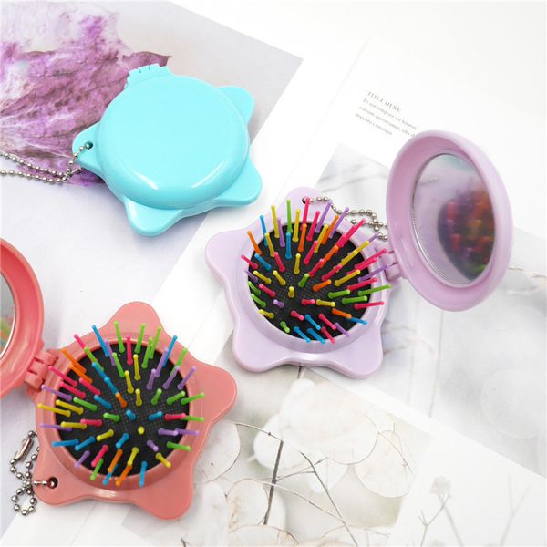 

portable star pocket travel massage mini folding comb hook up hair brush with mirror hairdressing tools rainbow 3 colors, Silver
