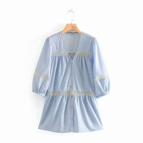 

2019 women hollow out lace patchwork striped print casual blouse chic lantern sleeve long shirts chemise blusas ls3731, White