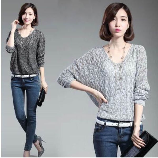 

вязание v под руководством корейских женщин одежда с длинными рукавами свитера свободной летучей мыши втулки knit резервное hollow twist, Black