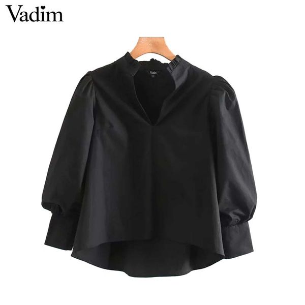 

women's blouses & shirts vadim women fashion solid v neck three quarter sleeve irregular design female casual wear blusas mujer lb666, White