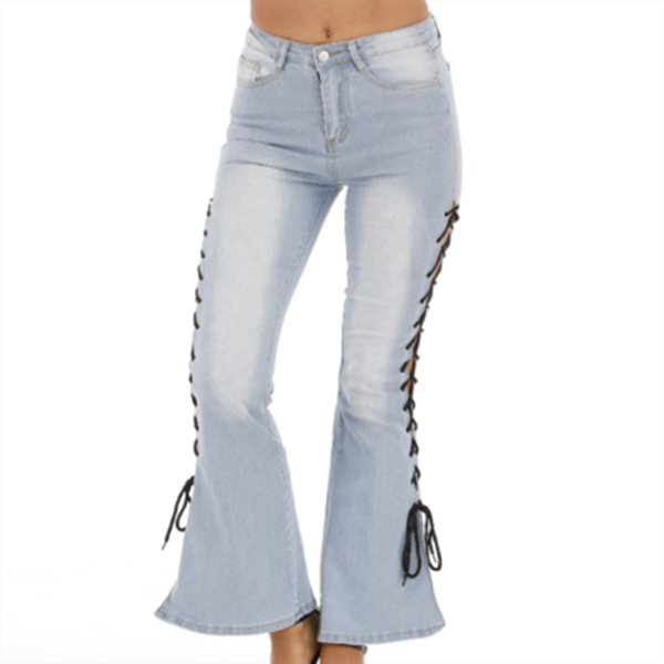 

women's jeans european style full length flare fashion 2021 bandage side denim pants for women trousers, Blue