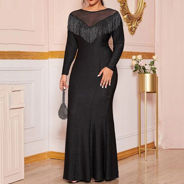 

плюс размер вечернее платье блестящие женщины осень зима с длинным рукавом бахрома сексуальная сетка кисточкой длинные блестки блестки плать, White;black