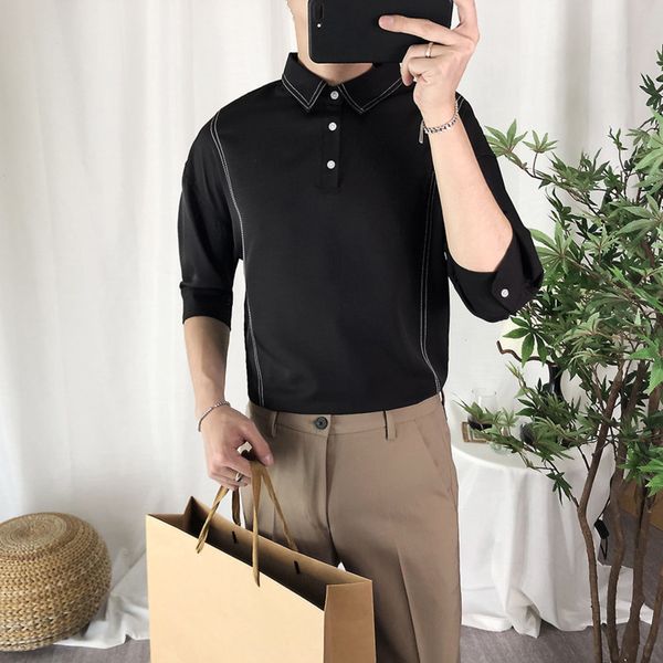 

shirt men's slim fashion solid color pullover shirt men streetwear wild british style short sleeve summer dress, White;black