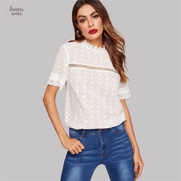 

regular embroidered lace blouse insert eyelet mock neck womens and blouses bohemian short sleeve women beach white top