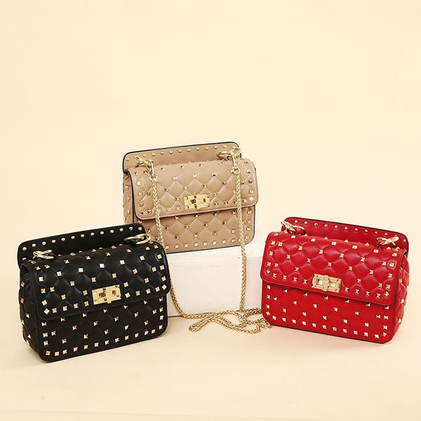 

classic women designer shoulder bag genuine leather studs rivet flap chain bag cowhide plaid messenger crossbody handbag 23cm 21cm