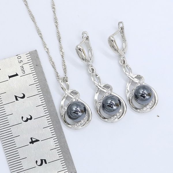 

black pearl 925 серебряный комплект ювелирных изделий для женщин серьги ожерелье кольцо циркон браслет подарочной коробке, Slivery;golden