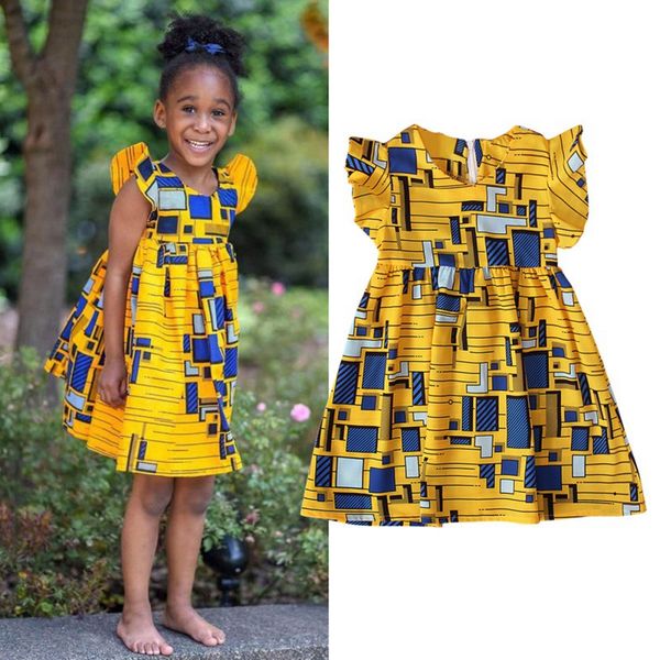 

summer cute girls bohemian style dress flying sleeve children dress baby girl geometric print outfit new arrival, Red;yellow