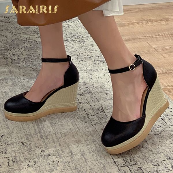 

karinluna moda nuevo gran tamaÃ±o 33-44 plataforma concisa zapatos mujer bombas cuÃ±a tacones altos hebilla correa bombas zapatos de mujer, Black