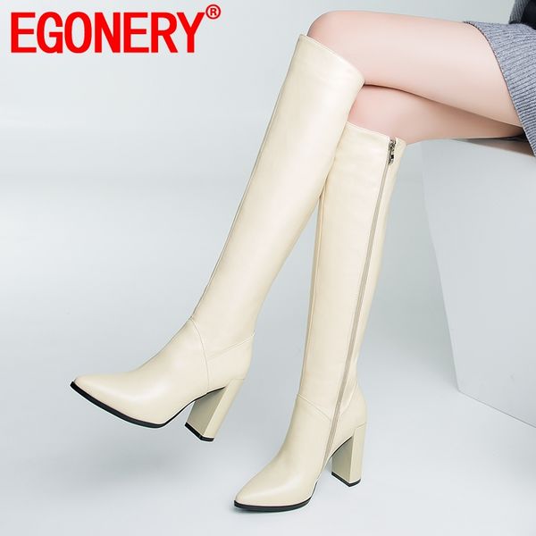 

egonery woman shoes winter new fashion pointed toe handmade genuine leather outside super high heels zipper shoes drop shipping, Black