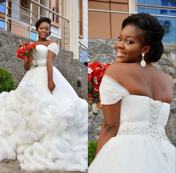 

African Sweety Bridal Gowns Off Shoulder Tiered Ruffle White Wedding Gowns With Cloud Shape Peplum Floor Length Custom Made Wedding Dresses