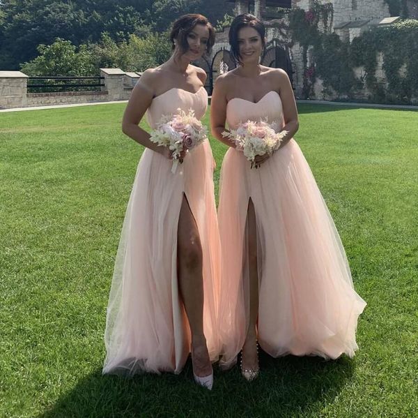 

elegant blush pink strapless bridesmaid dresses plus size sweetheart tulle maid of honor gown long side split prom evening dresses, White;pink