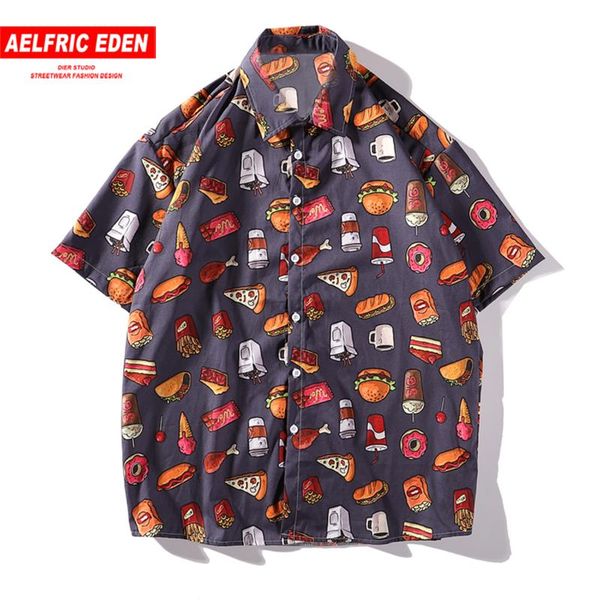 

aelfric eden cartoon print harajuku men shirts streetwear hawaii vacation tpos summer loose short sleeve cotton oversized, White;black